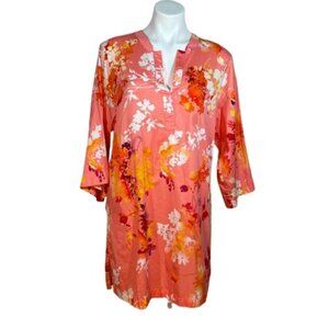 Natori Cotton Floral Caftan Tunic Dress – White, Red & Peach Pink | Size M